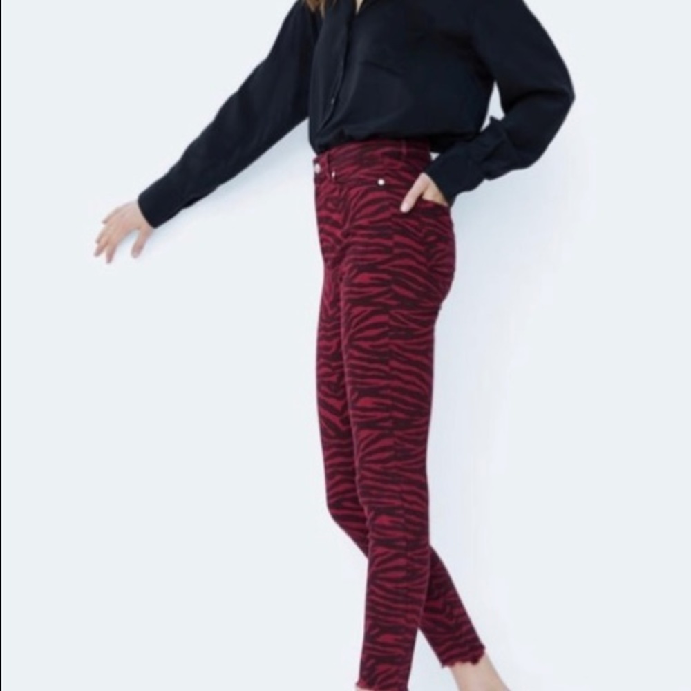 Zara Premium Red Zebra High Waist Jeans Size 4 - Picture 6 of 8